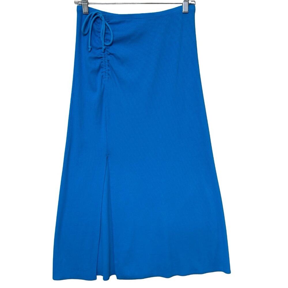 Aerie BEACHWALK Midi Skirt Size M Blue Ribbed Knit Ruched Pull On Side Slit NWT